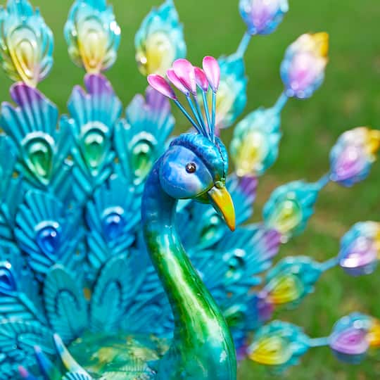 Glitzhome® 28.75" Metal Tail Spread Peacock Garden Statue with Stakes